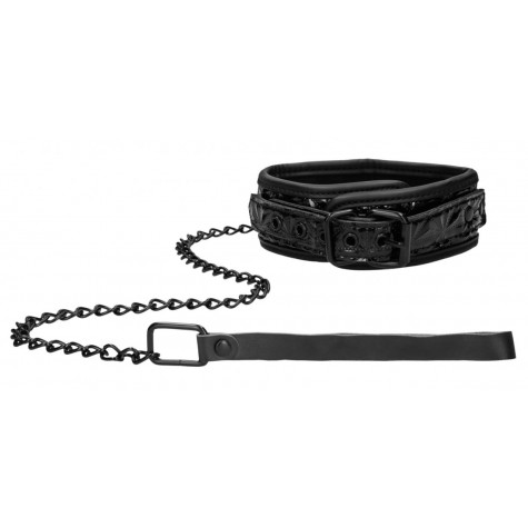 Черный широкий ошейник с поводком Luxury Collar with Leash